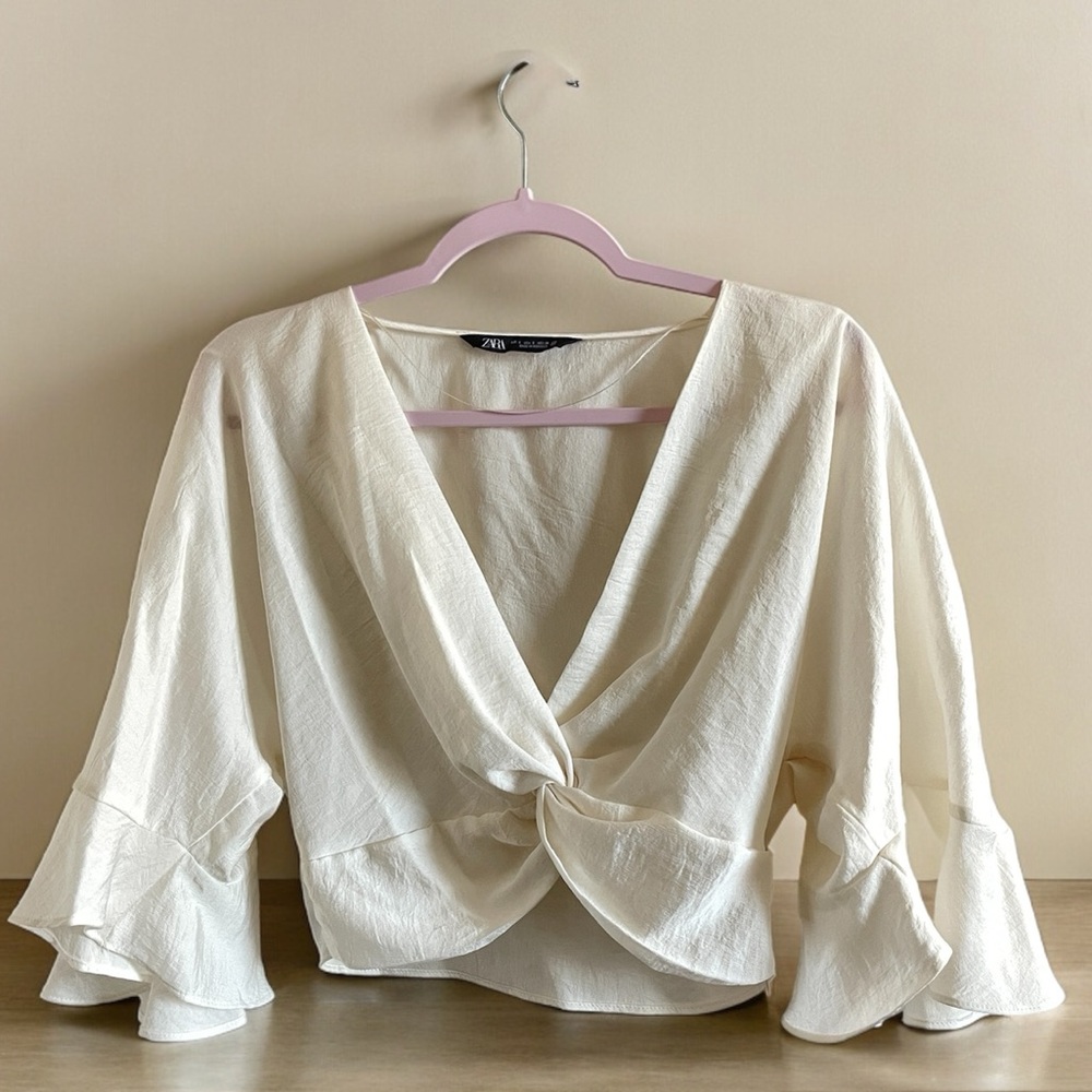 NWOT Zara Cream White Knotted Satin Cropped Blouse Flare Sleeves